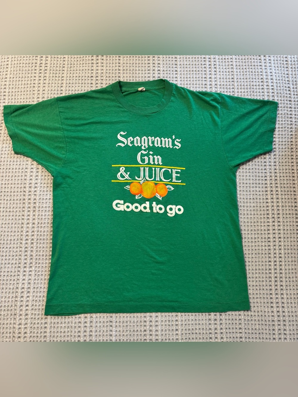 True vintage 1980s Seagram’s “Gin & Juice — Good to Go” promotional graphic tee.